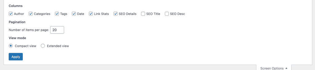 Screen options wordpress