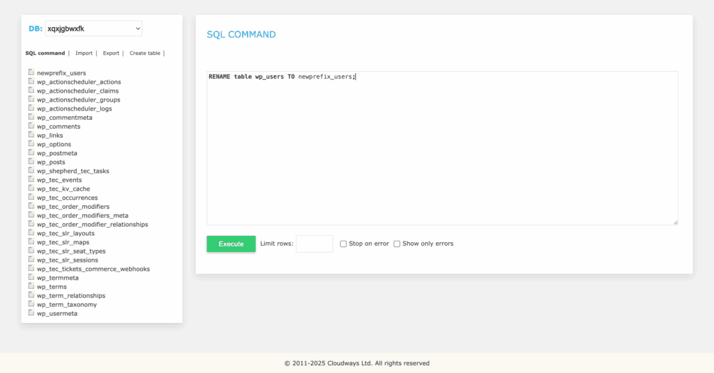 change table prefix run commands