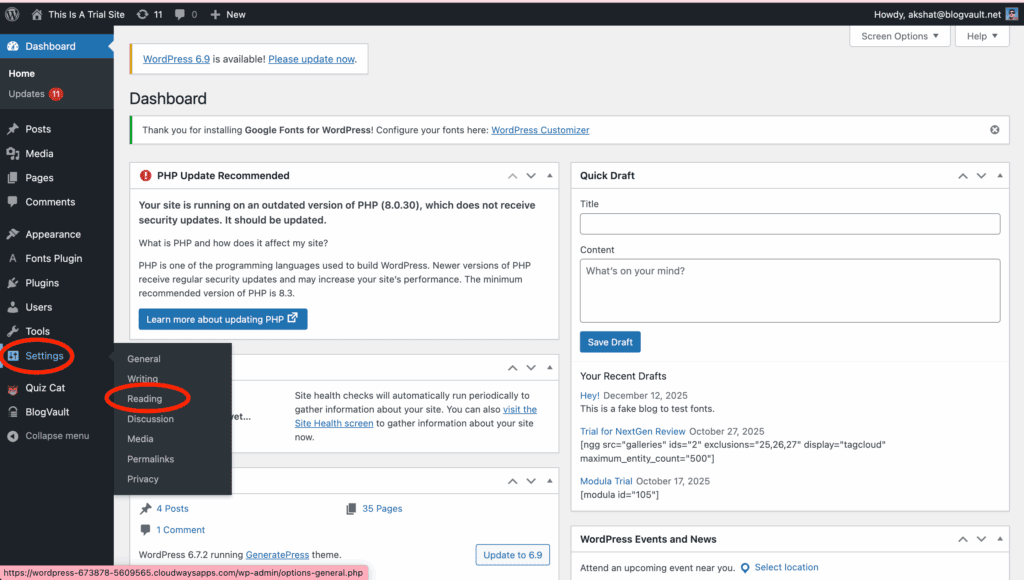 change home page settings set to blog