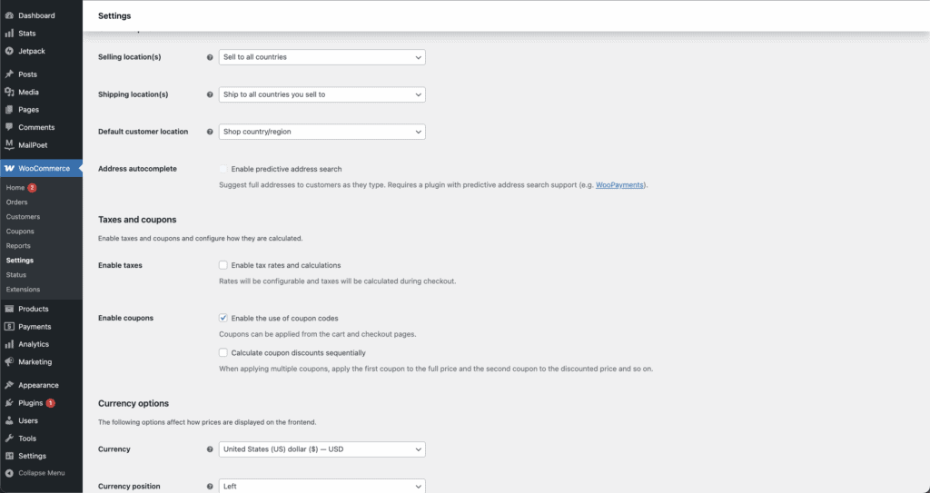 WooCommerce General settings