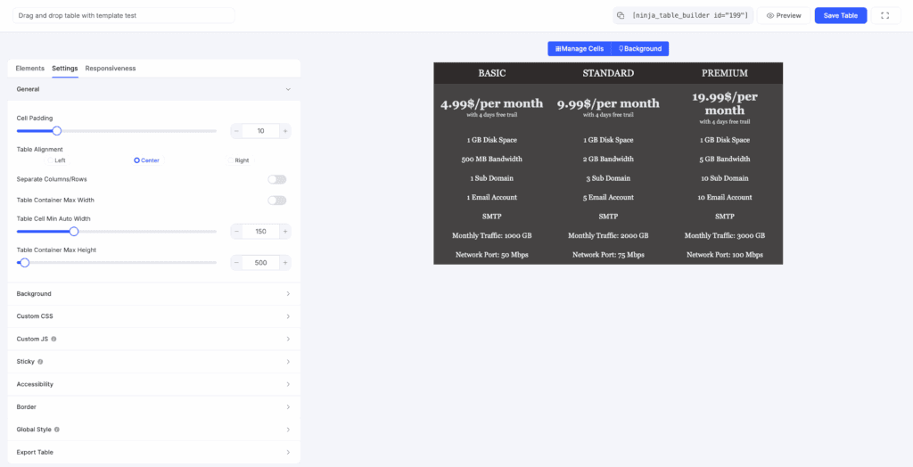 Drag and drop template ninja tables