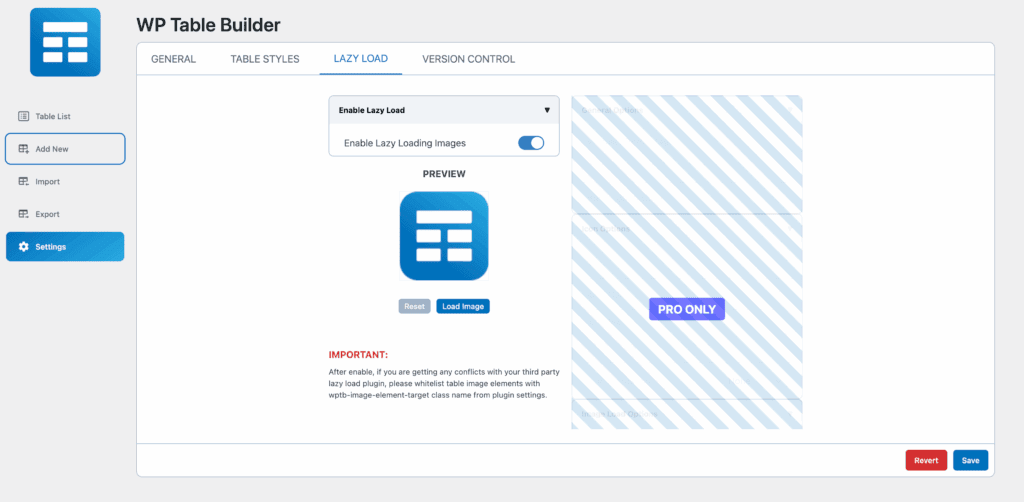 Lazy load WP table builder