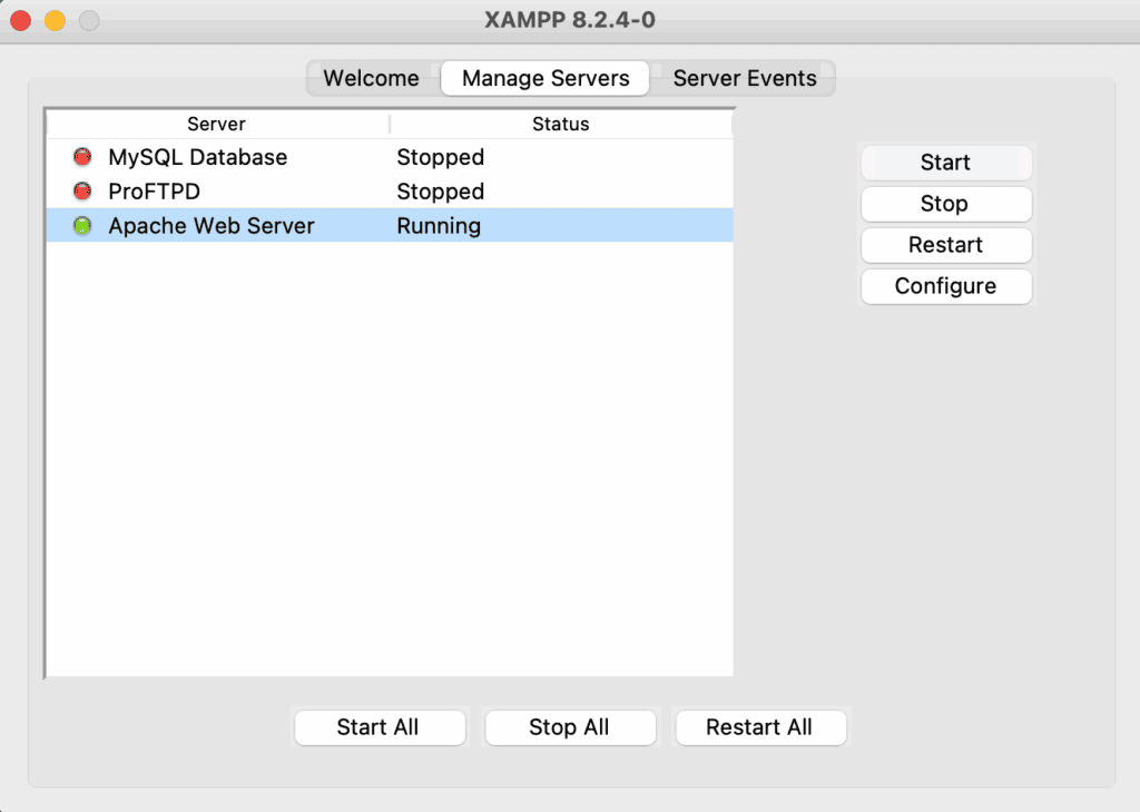 Manage server tab to start