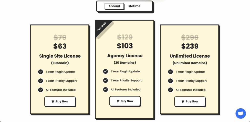 Ninja Tables pricing page