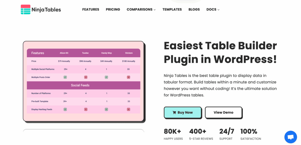 Ninja tables homepage