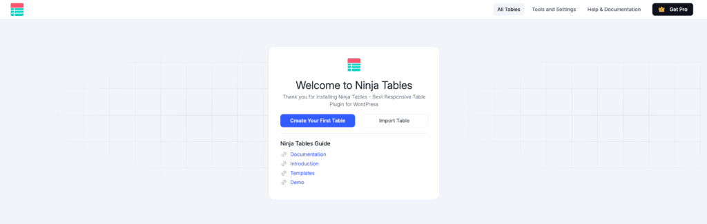 Ninja tables welcome page