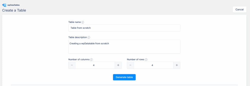 Select # of rows and columns for table from scratch wpdatatables