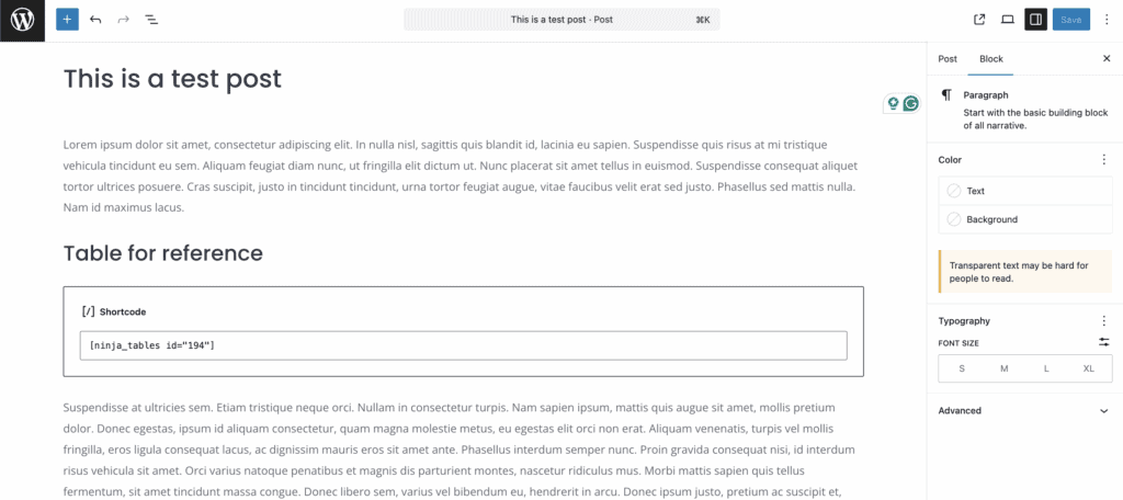 Shortcode in editor ninja tables