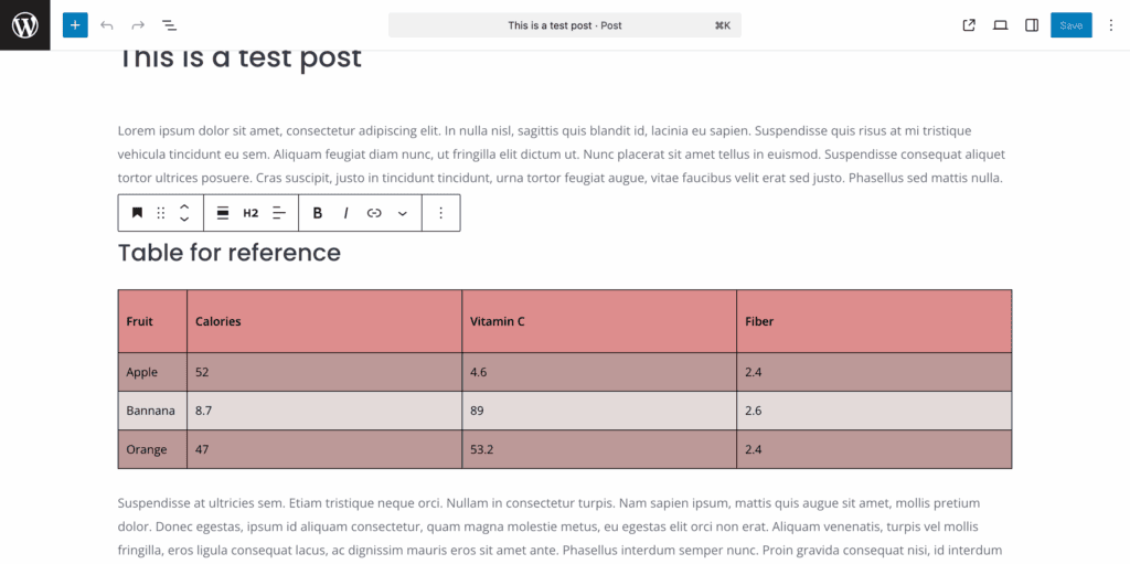 Table in WP editor WP table builder