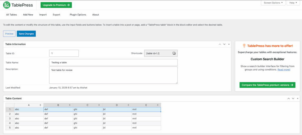 TablePress plugin interface