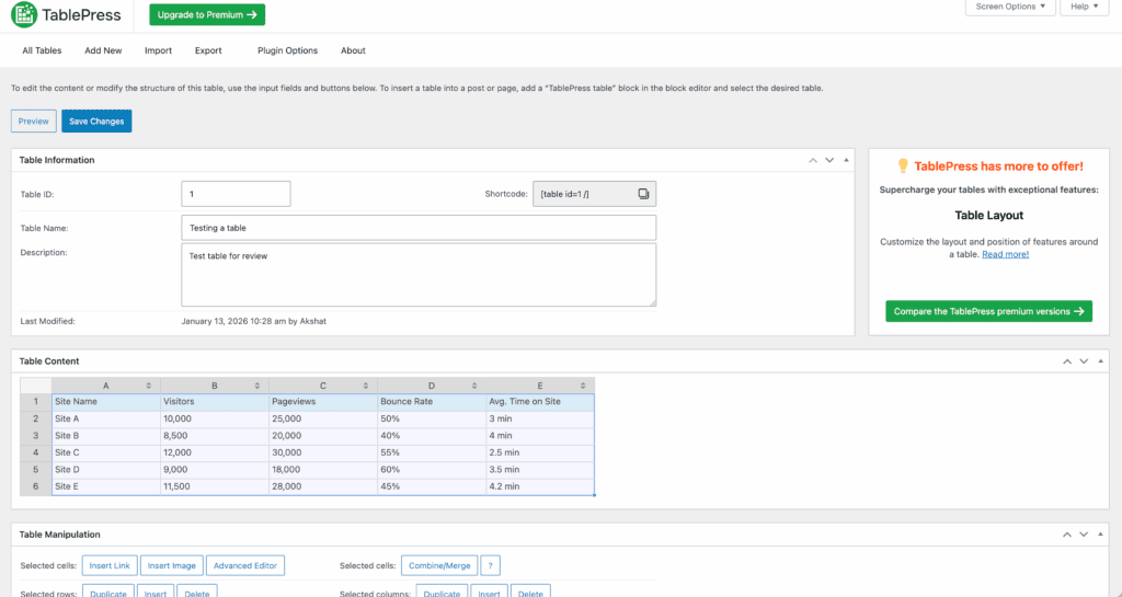 TablePress plugin interface