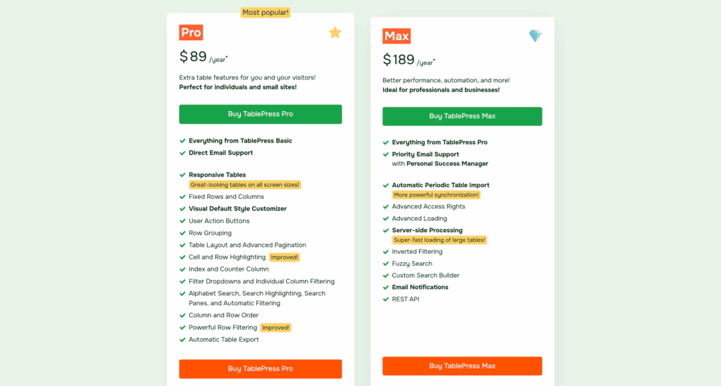Tablepress pricing page