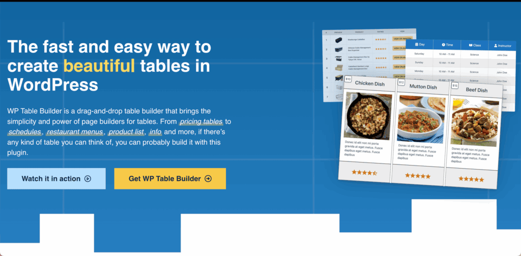 WP table builder homepage
