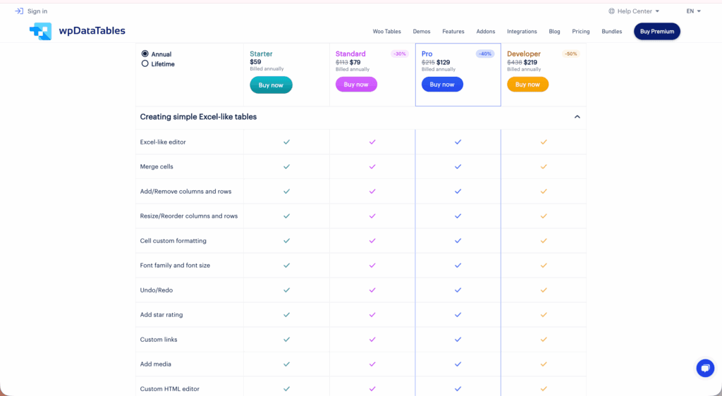 Wpdatatables pricing page