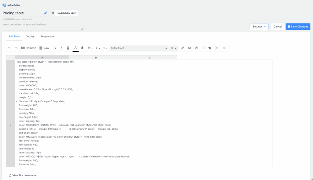 editing templates wpdatatables