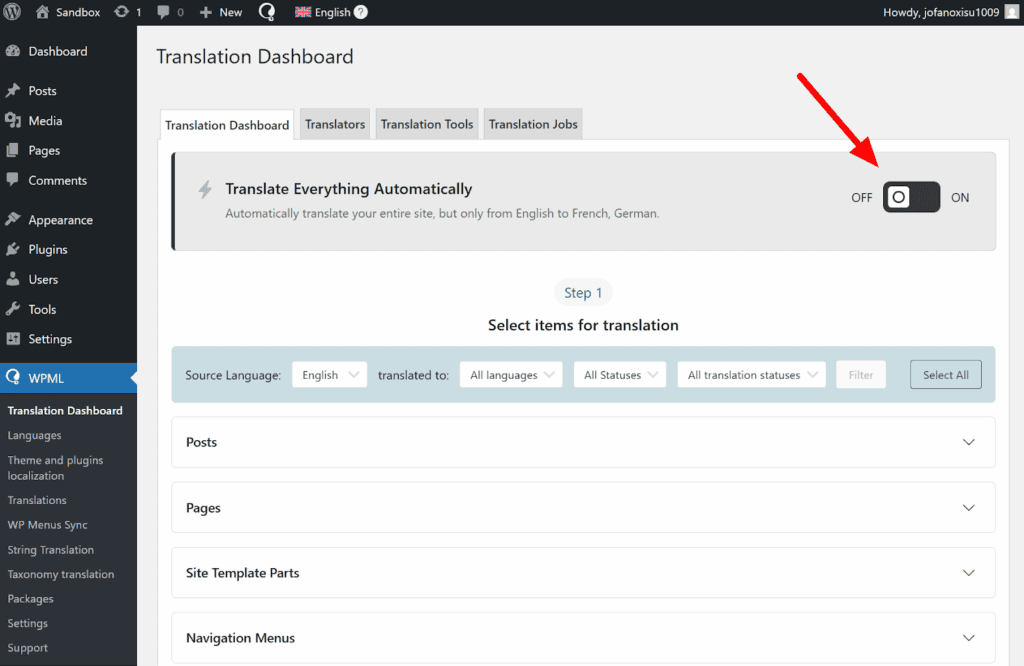 translate everything WPML toggle
