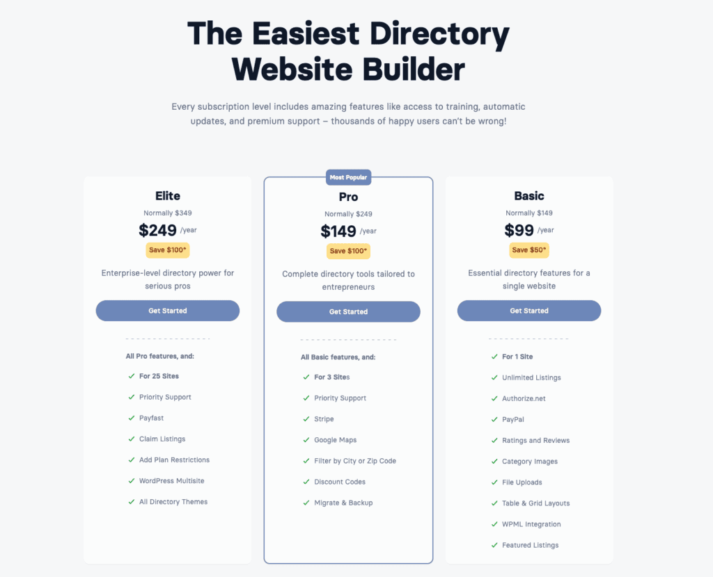 Business Directory Plugin pricing page