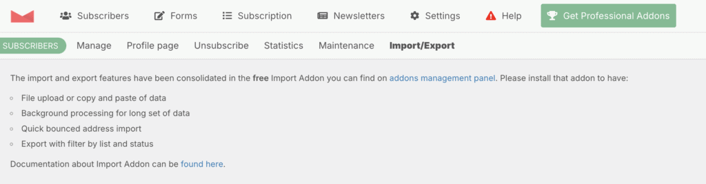 Import add on newsletter plugin