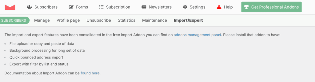 Import add on newsletter plugin