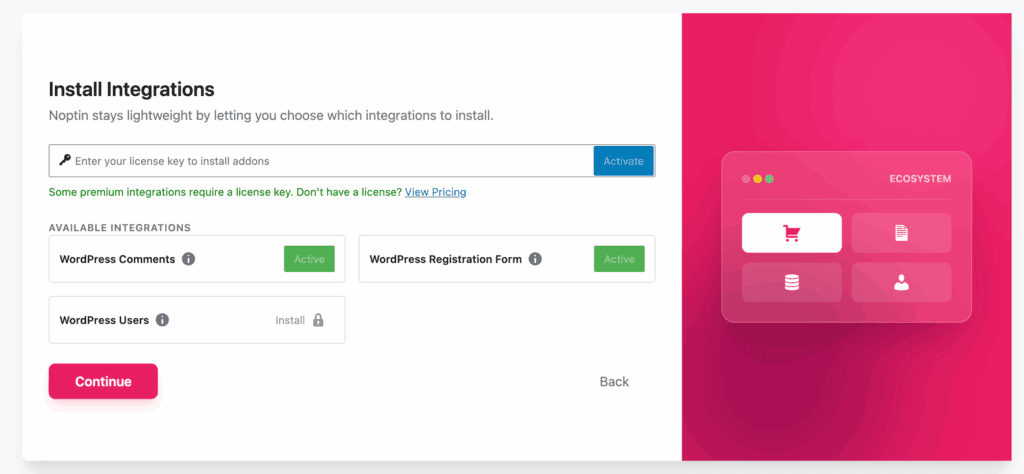 Install integrations Noptin