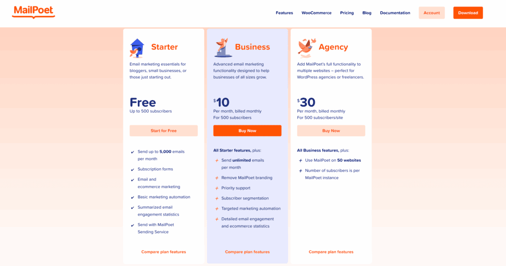 MailPoet pricing page