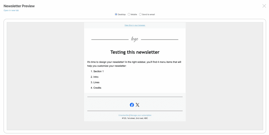 Newsletter preview desktop MailPoet