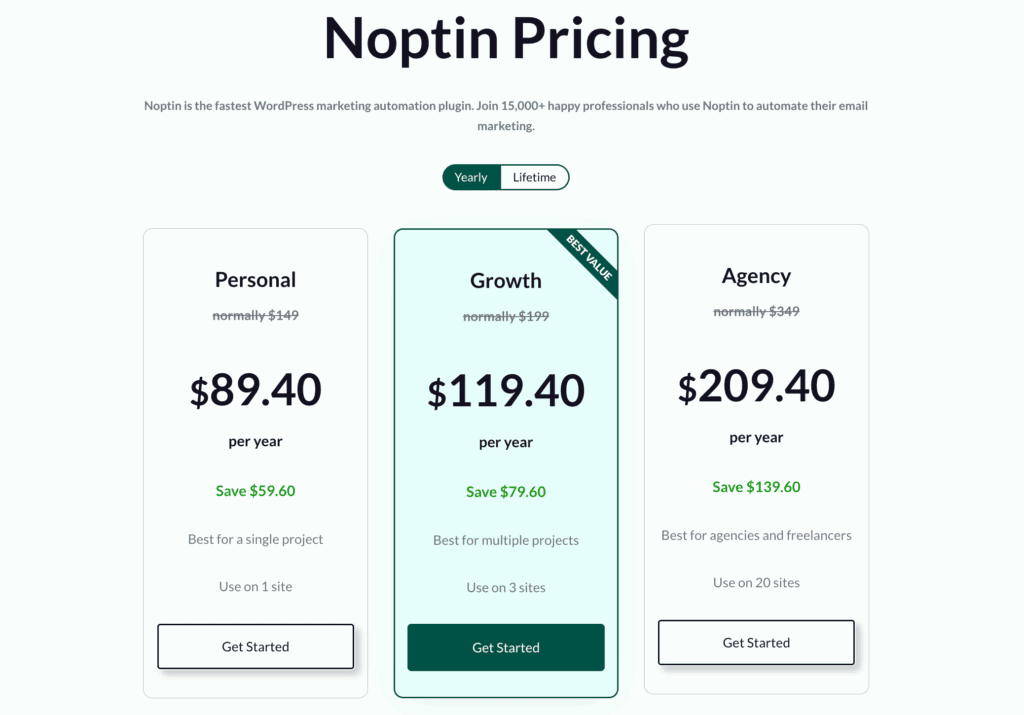 Noptin Pricing (yearly)