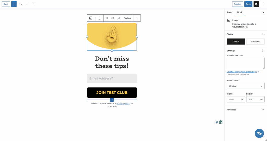 Template form customisation MailPoet