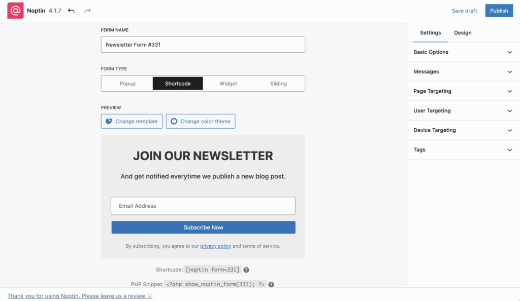 newseltter form creation Noptin