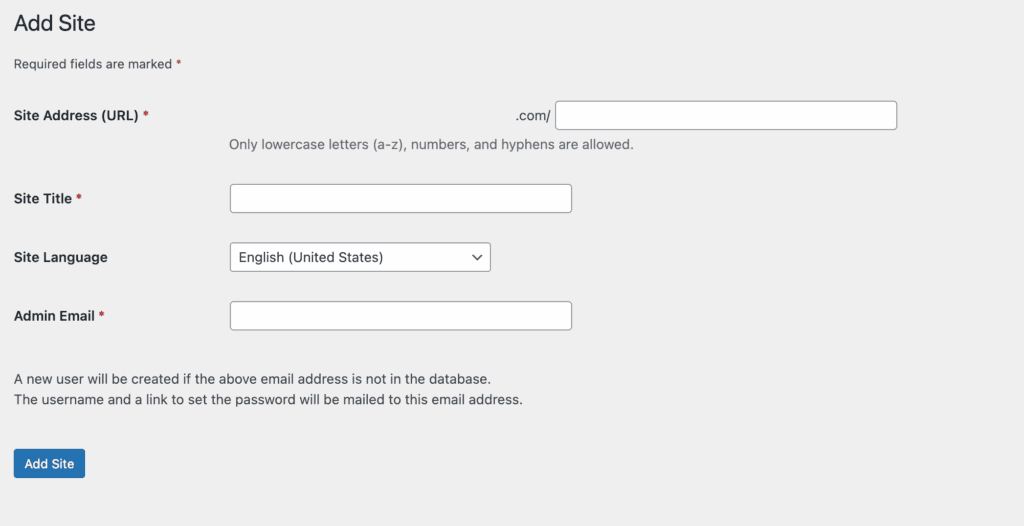 Add new site multisite