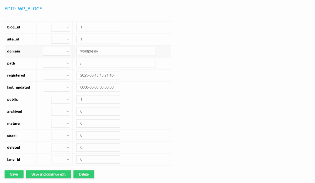 Edit wp_blogs cloudways DB manager