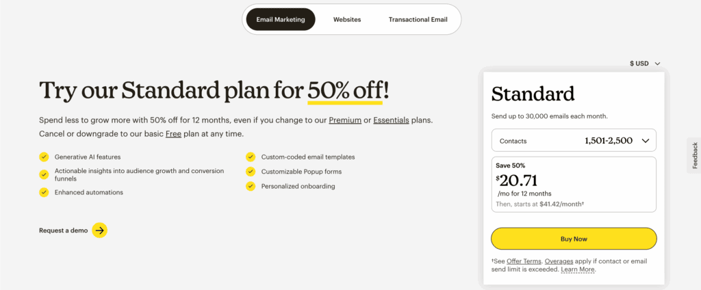 Mailchimp pricing page