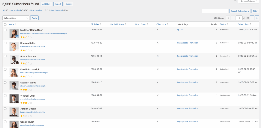 Subscriber list mailster
