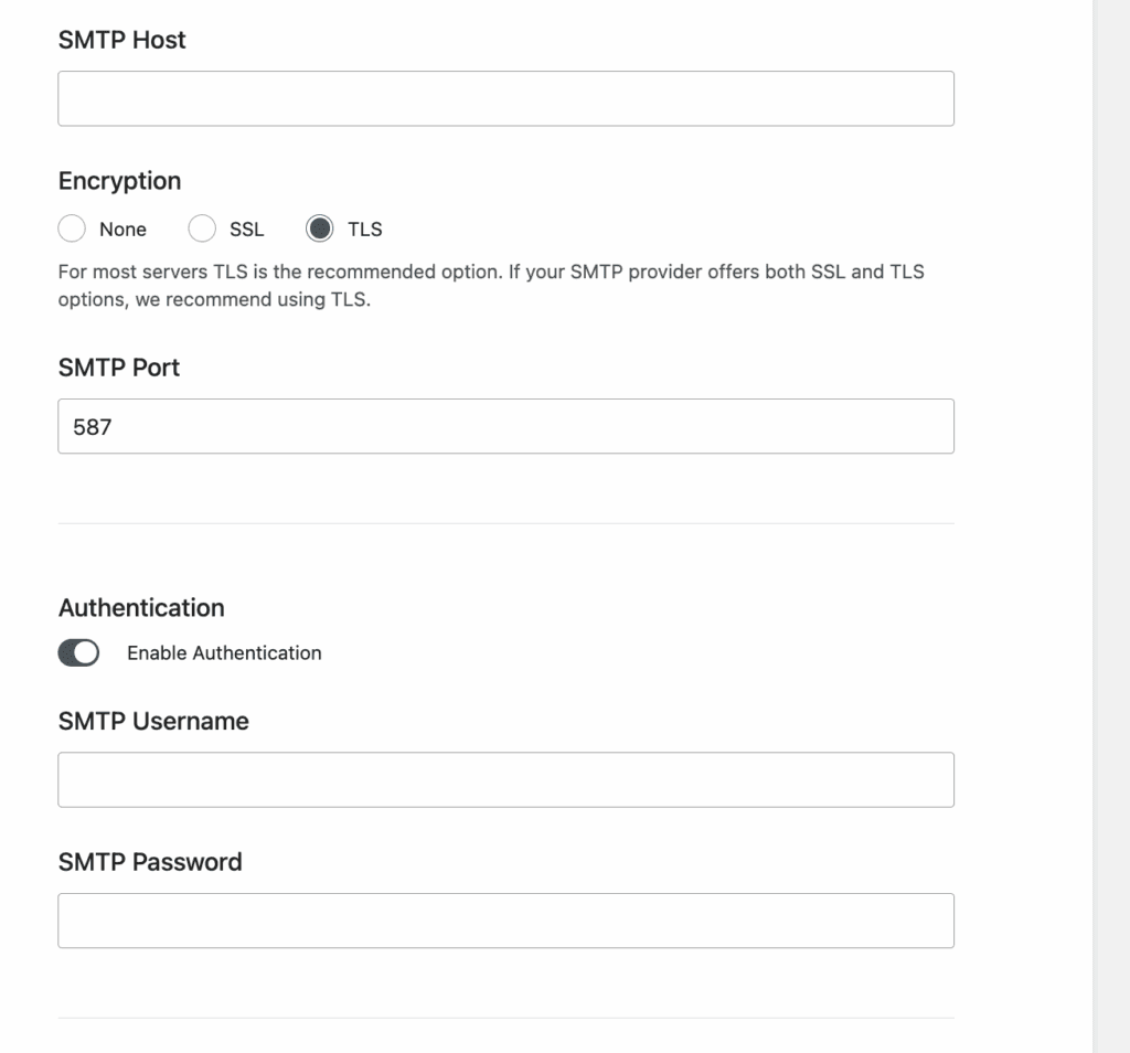 SMTP configuration for resolving email authentication errors in WordPress.