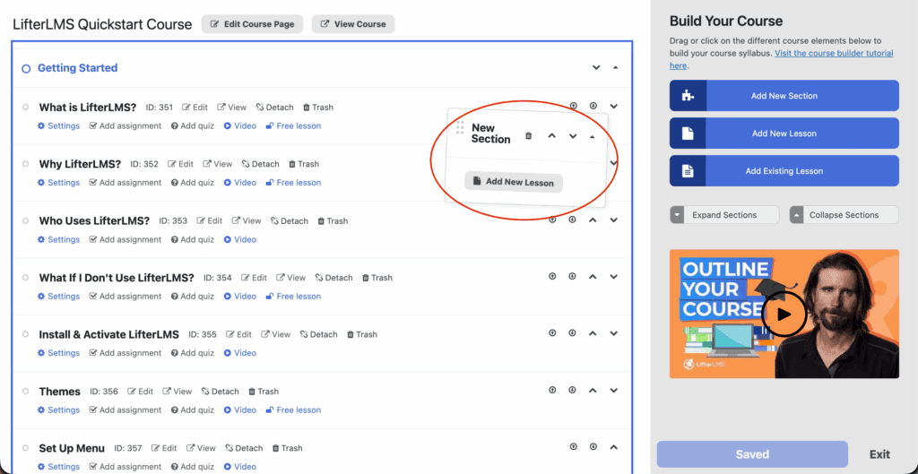 LifterLMS drag and drop feature