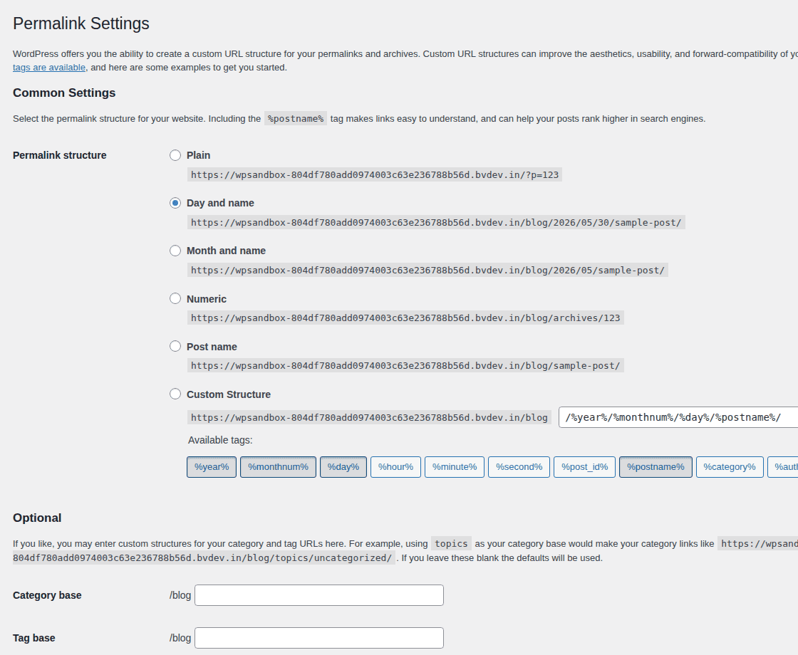 WordPress Permalink Settings screen used to verify rewrite rules before enabling Multisite
