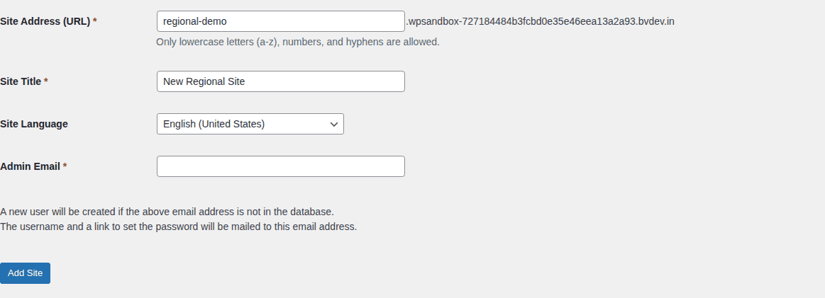 Add New Site form in WordPress Network Admin