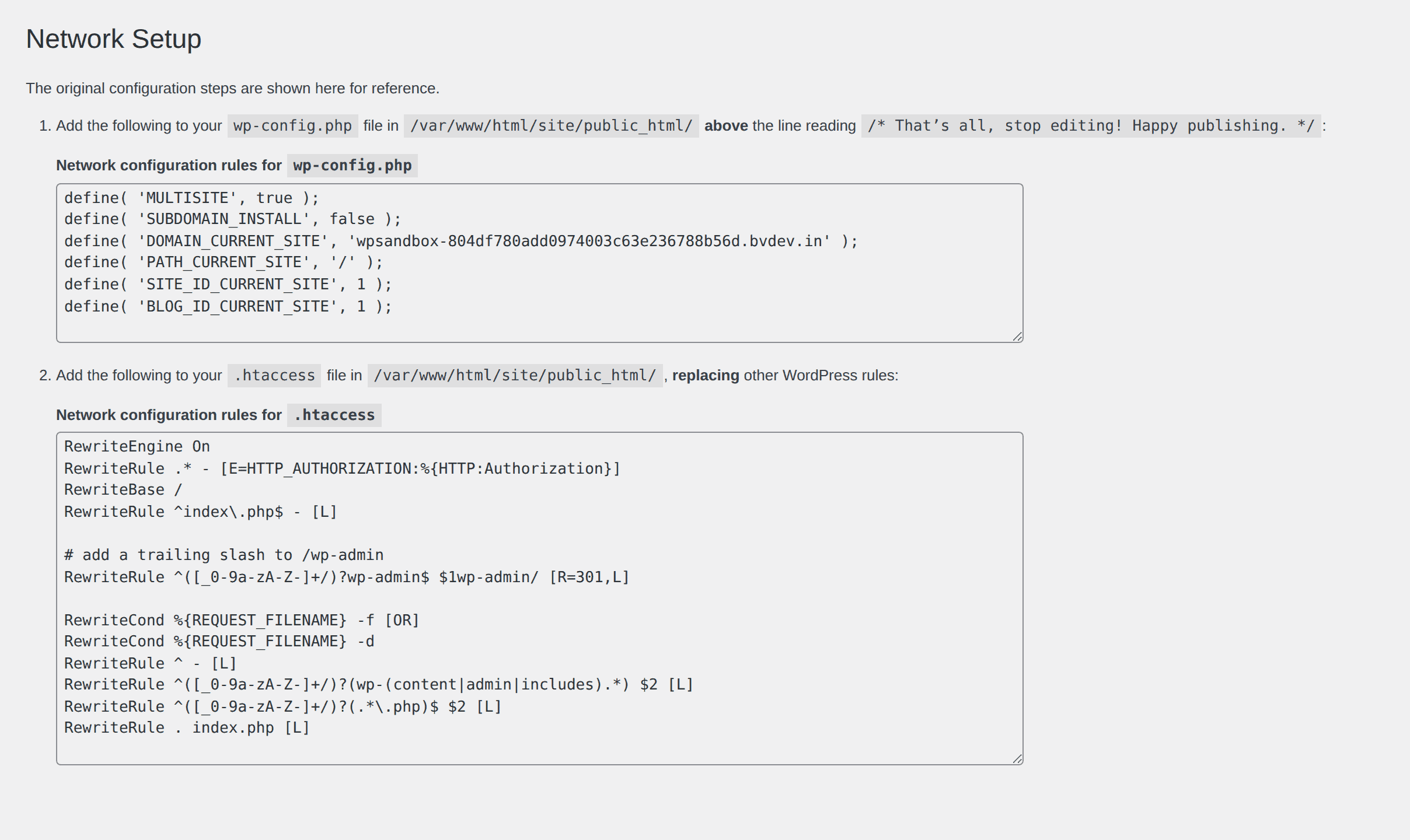 WordPress Network Setup screen showing generated wp-config.php and htaccess rules for a subdirectory network