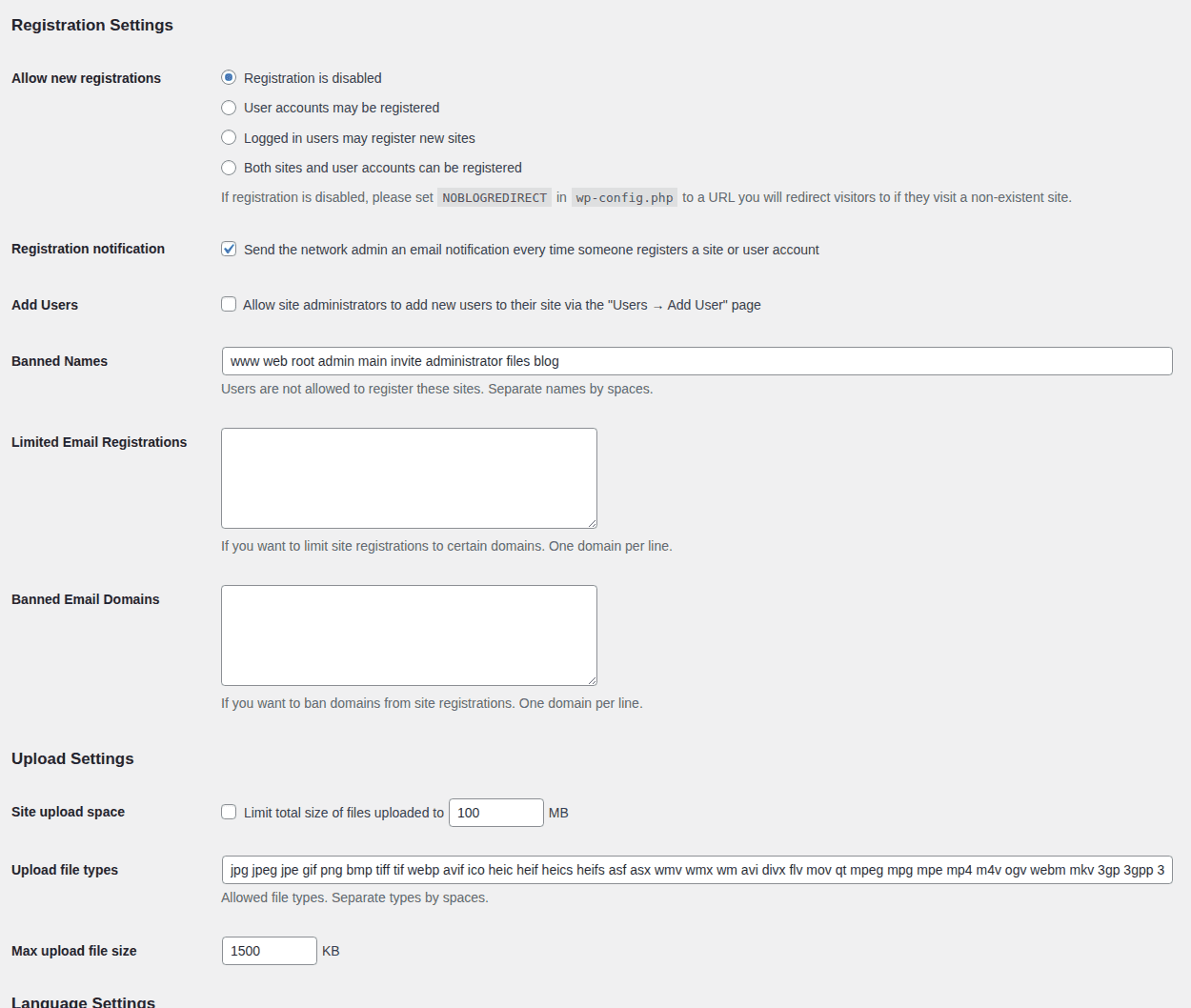Network Settings screen with registration and upload controls