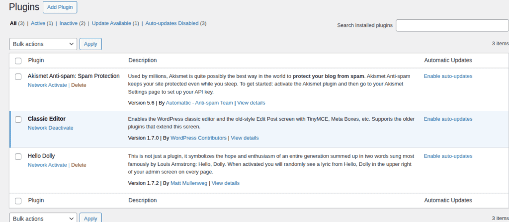 Network Admin Plugins table with a network-active plugin