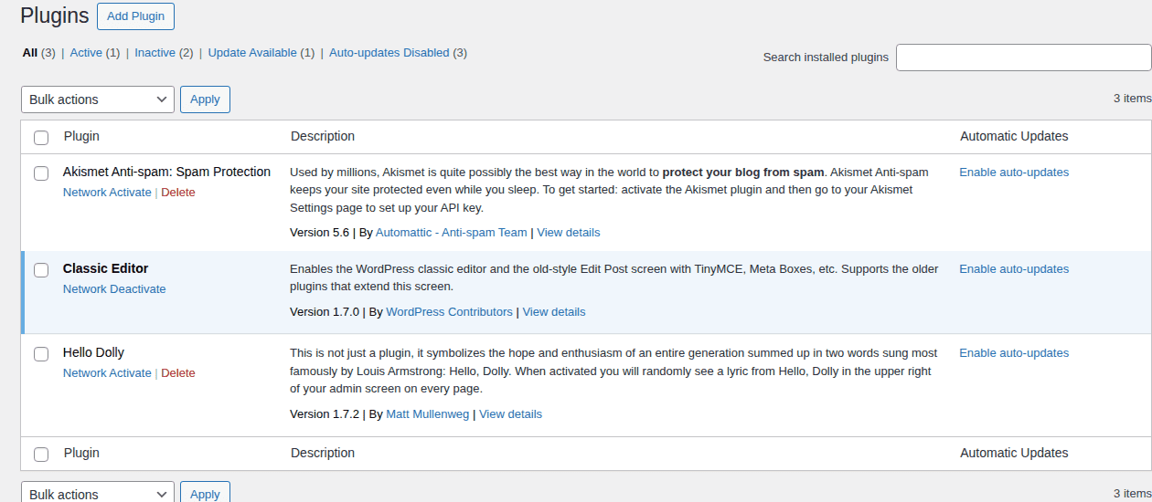 Network Admin Plugins table with a network-active plugin