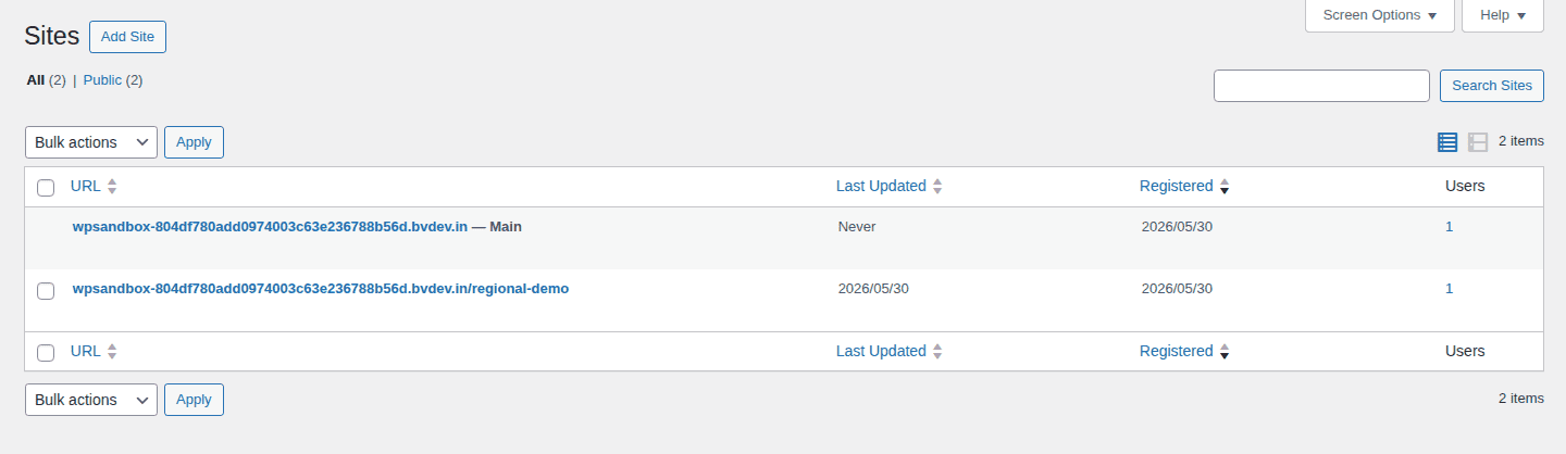 WordPress Network Admin Sites list showing the main site and a regional demo subsite