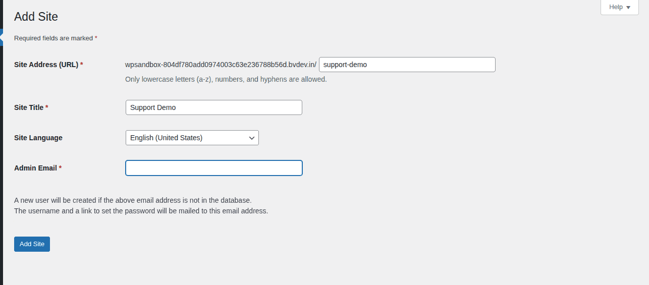 WordPress Network Admin Add New Site form with site address, title, language, and admin email fields