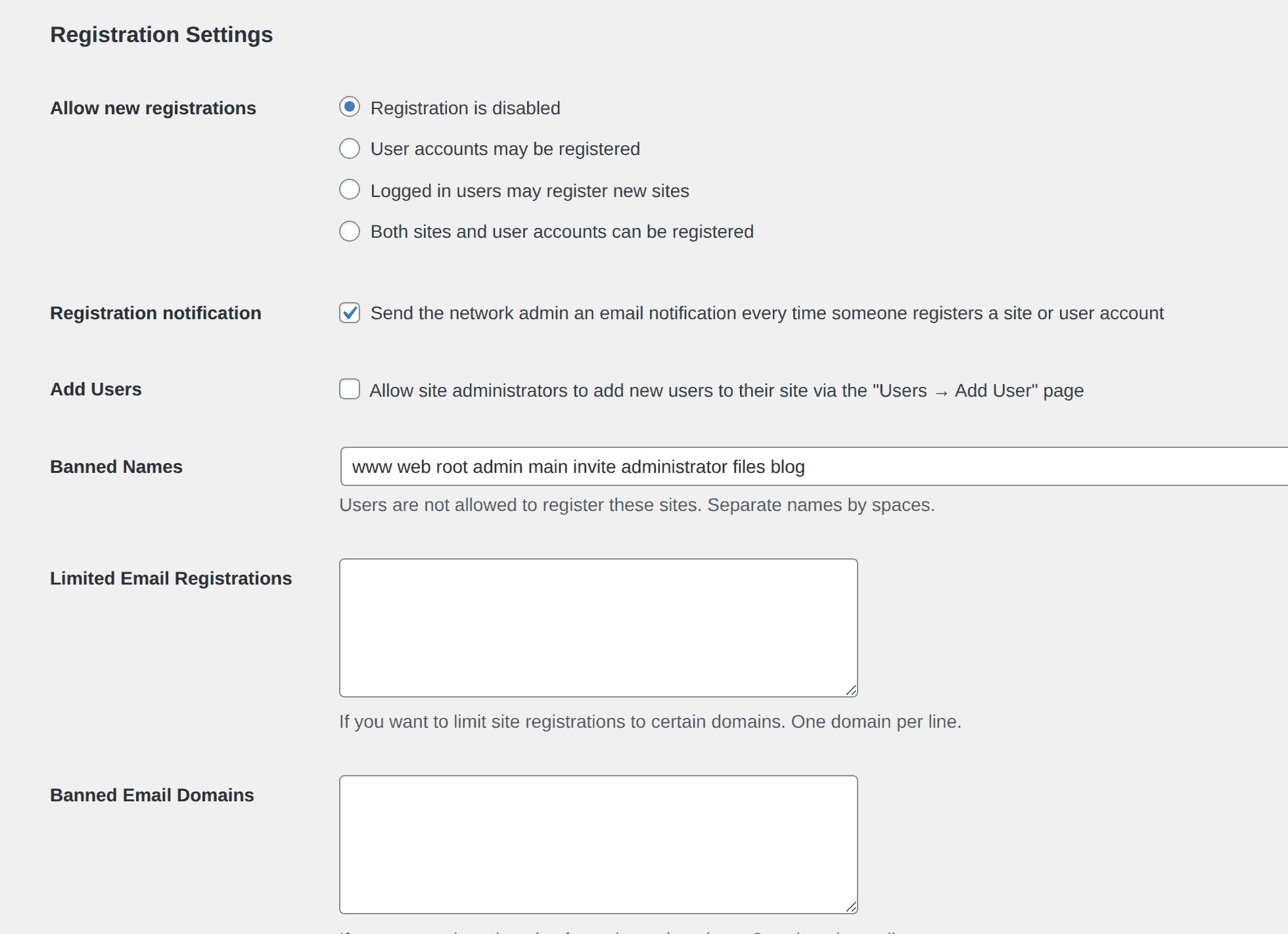 WordPress Network Settings page showing registration and upload controls for a Multisite network