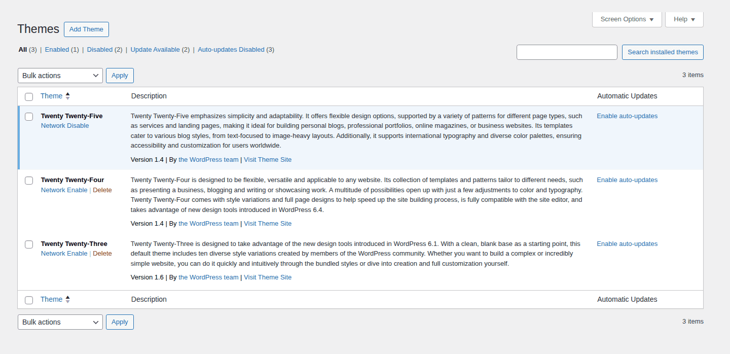 Network Admin Themes screen with themes enabled for the network