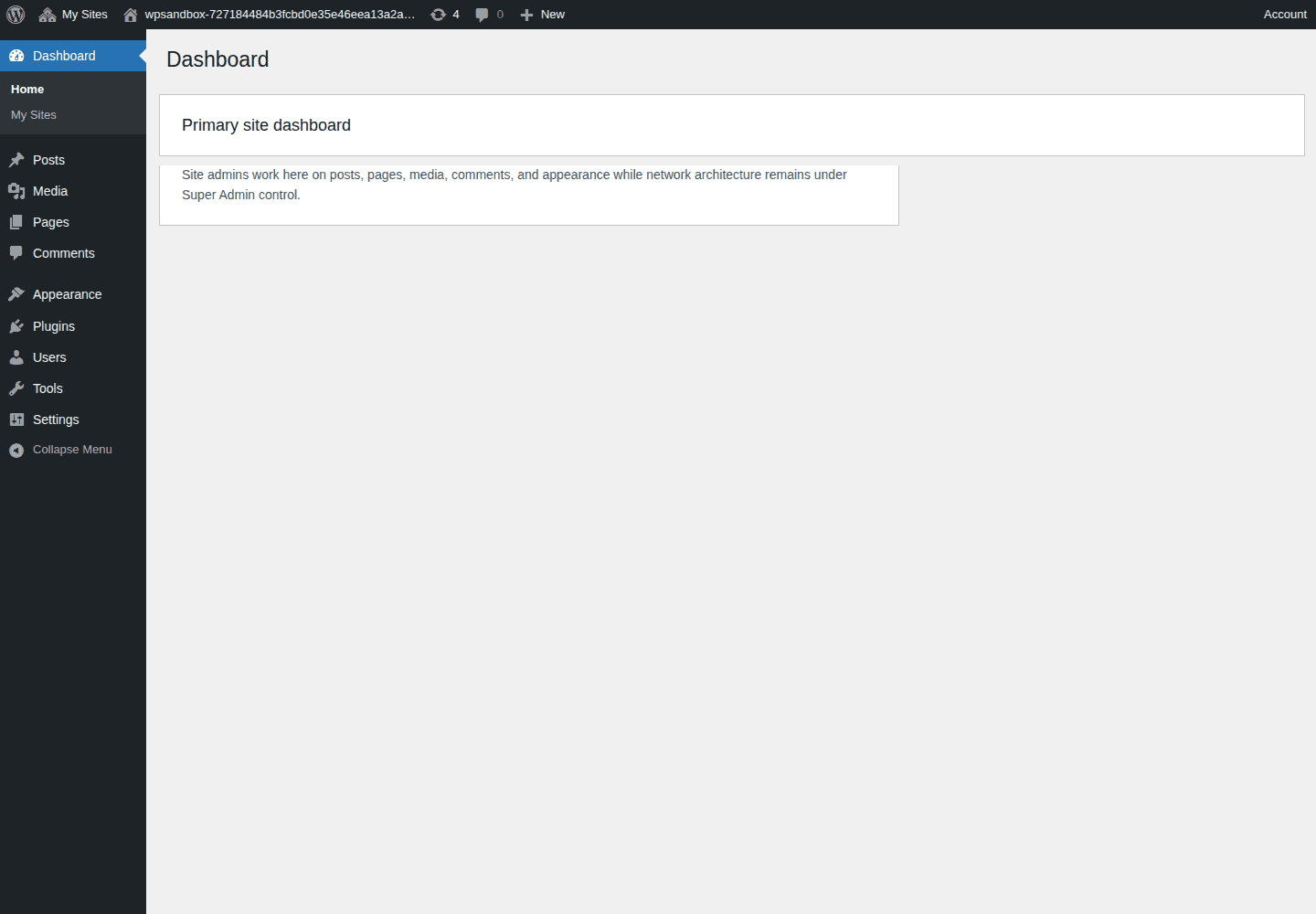 Single-site WordPress dashboard inside a Multisite network