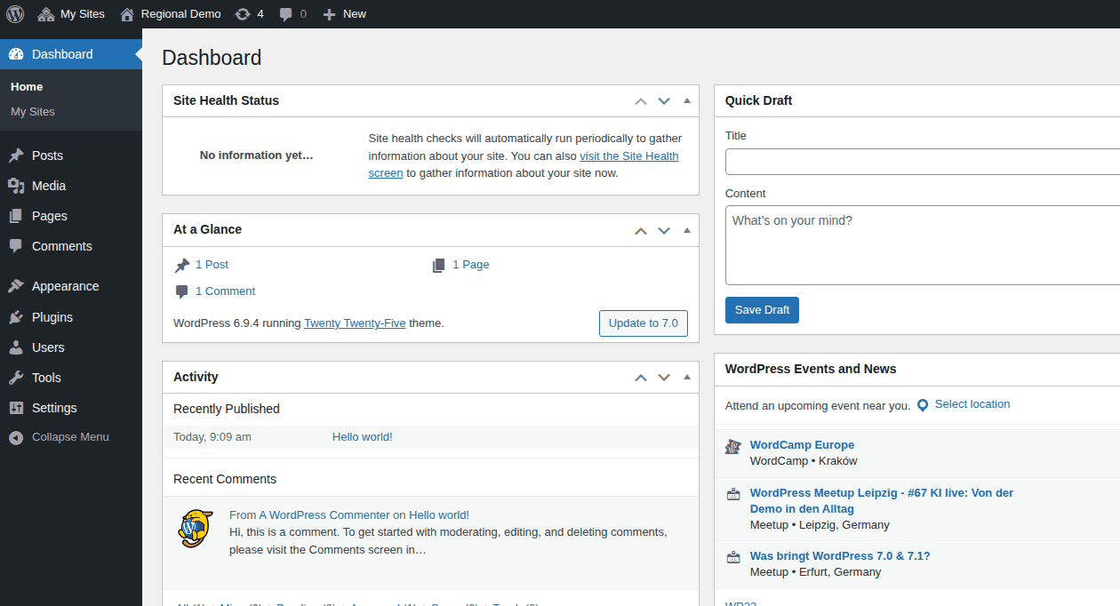 Regional Demo subsite dashboard inside a WordPress Multisite network
