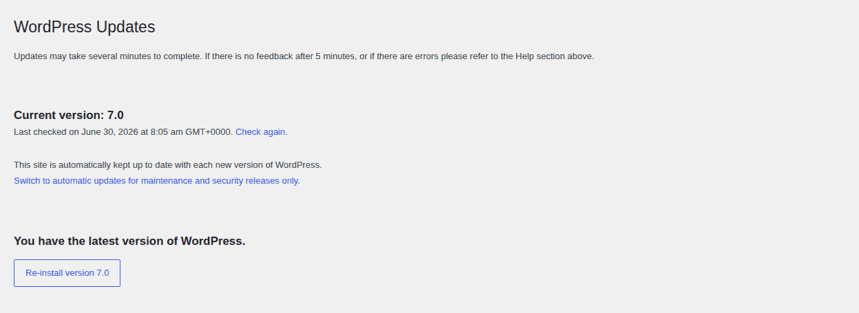 WordPress Updates screen showing where core updates are managed