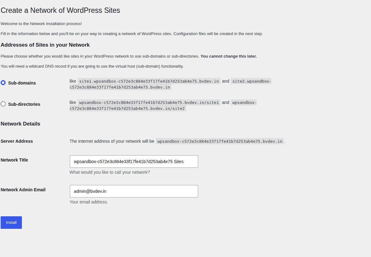 WordPress Network Setup screen for enabling multisite