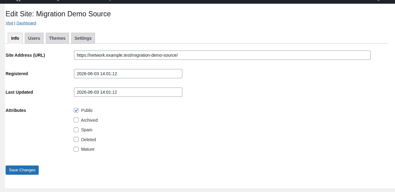 Network Admin site info page showing the subsite ID